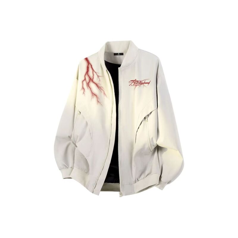 American-Style Lightning Print Retro Spring and Autumn New Flight Jacket with Zipper, Versatile and Comfortable Baseball Jacket for Men and Women