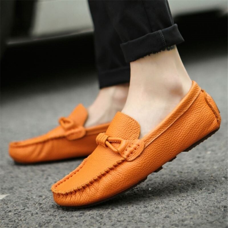 Hong Kong Genuine Leather Casual Leather Shoes Small Code White Bean Bean Shoes Men's Head Layer Pure Cow Leather Orange Color High-end Winter Sloth Shoes