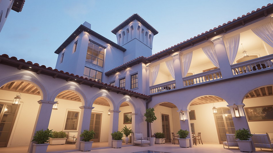 Spanish Courtyard 别墅住宅欧式庭院餐厅场景
