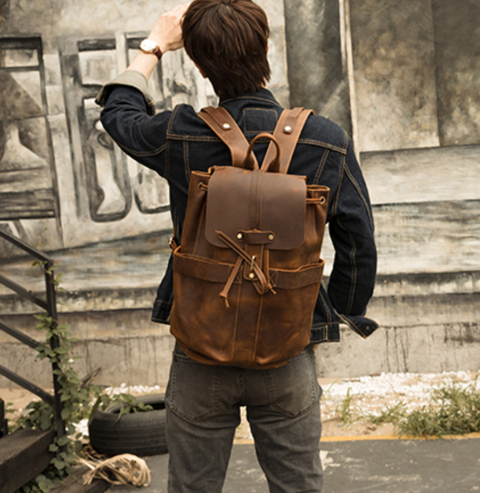 Craftsman Xin Handmade Cowhide Trendy Backpack Travel Genuine Leather Men's Retro Crazy Horse Leather Backpack Men's Motorcycle Bag