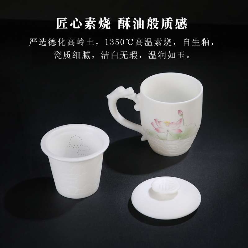 The Product porcelain sink Chinese dehua suet white jade lotus rhyme filter glass office cup with cover large porcelain tea cup