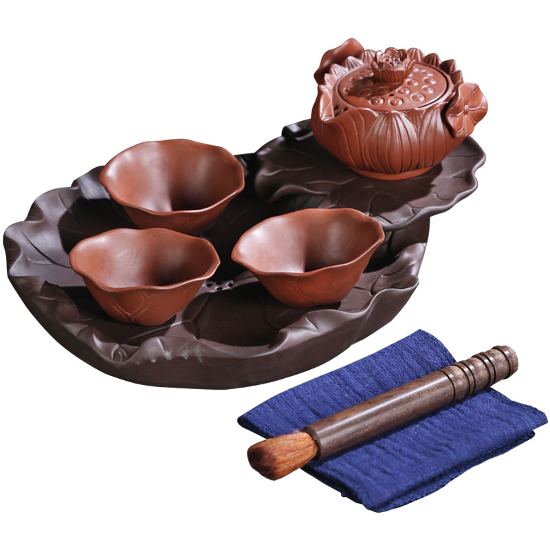The Product porcelain send violet arenaceous buddhist lotus crack cup tour zen tea set suit portable BaoHu dry terms plate of red mud teapot