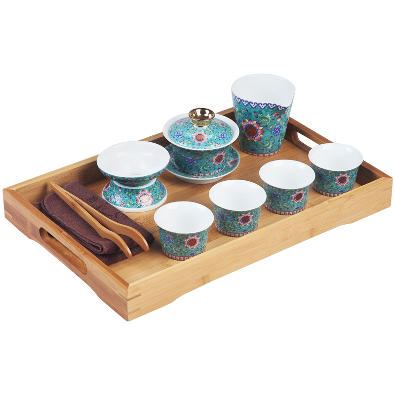 The Product of jingdezhen porcelain remit enamel tray pastel color bamboo tea tray of a complete set of ceramic tea set GaiWanCha cups