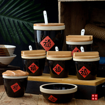 Chinese creative seasoning bottle Commercial kitchen Ceramic Fu Character Cylinder With Spoon Small Seasoning Box Salt Chili Fu Pot Sauce Salt Jar