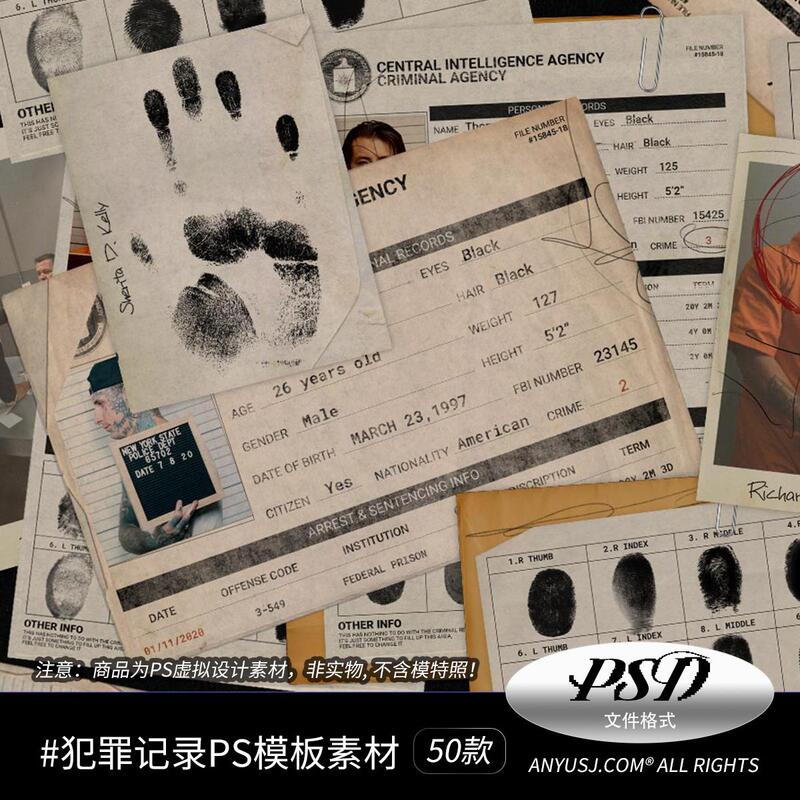 Retro Crime Record Psd Layered Source File + Fingerprint, Palm Print, Paper Texture, Graffiti Png Design Material