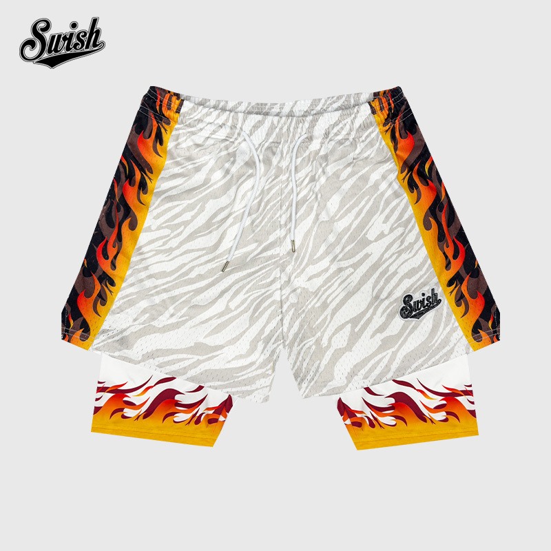 Swish the Ball in Flame Fake Two-Piece Quick-Drying American Basketball Fitness Sports Shorts Three-Quarter Length
