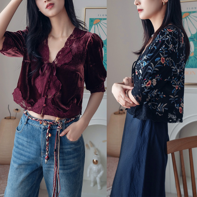 Qd Special! British Style R Ursula Lace Splicing Velvet/Embroidered Print Shirt 2 Colors Rixo Zh