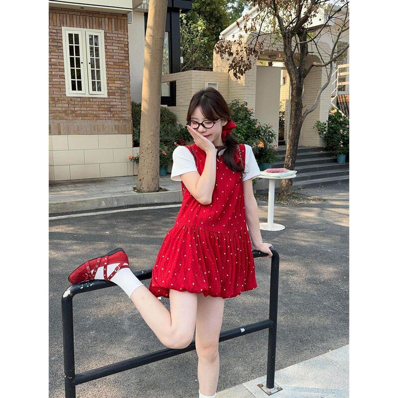 Plus-Size Women's New Retro-Style Fashionable Versatile High-End Polka Dot Color-Block A-Line Puff Sleeve Tank Dress