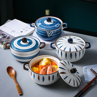 【日系风】双耳带盖泡面陶瓷碗6寸