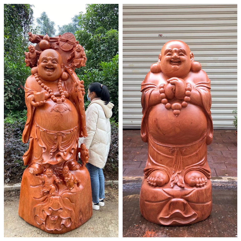 Yew wood carving Maitreya Buddha Guan Gong Guanyin statue cliff cypress carved ornaments pear camphor wood laughing Buddha large landing