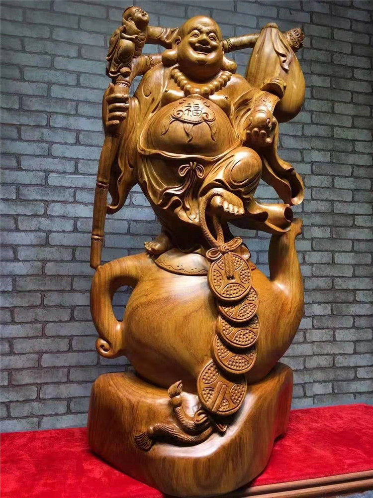 Wood Sculpture Laughing Buddha Craftsmanship Gift Pendulum figurates Sculpted Decoration Home Root Carved-in-the-wood Rosewood wood Millver