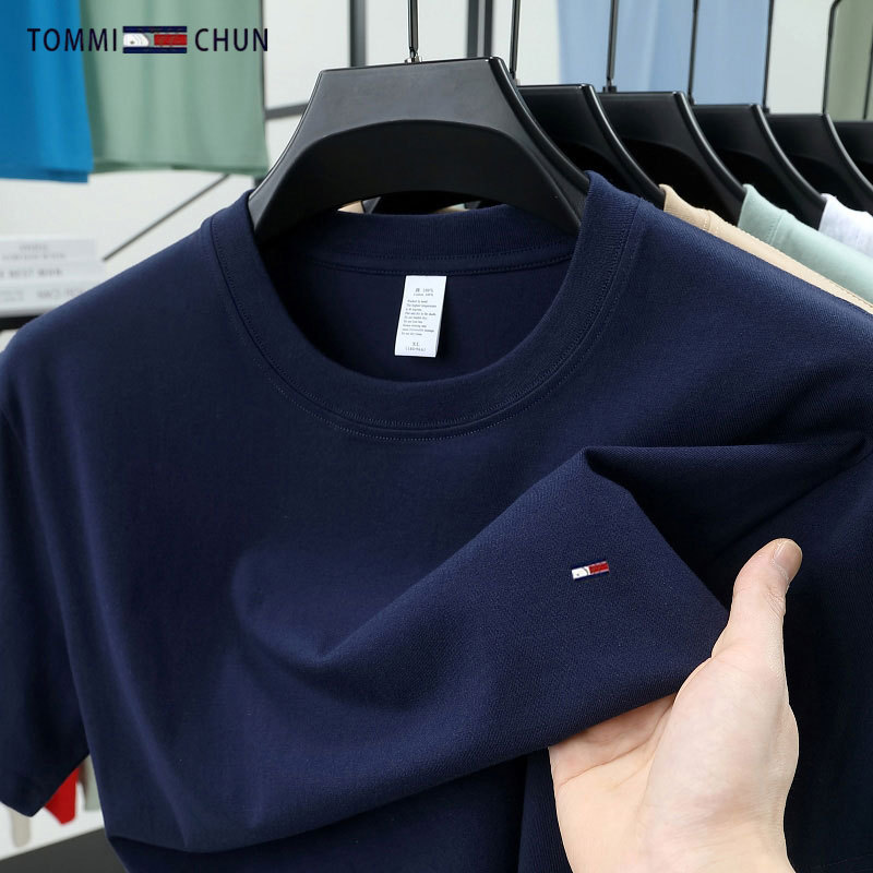 Tommy Pure Cotton Short-Sleeved T-Shirt Men's Summer Round Neck Loose Casual Classic Versatile Embroidered Right Shoulder Half-Sleeved Top