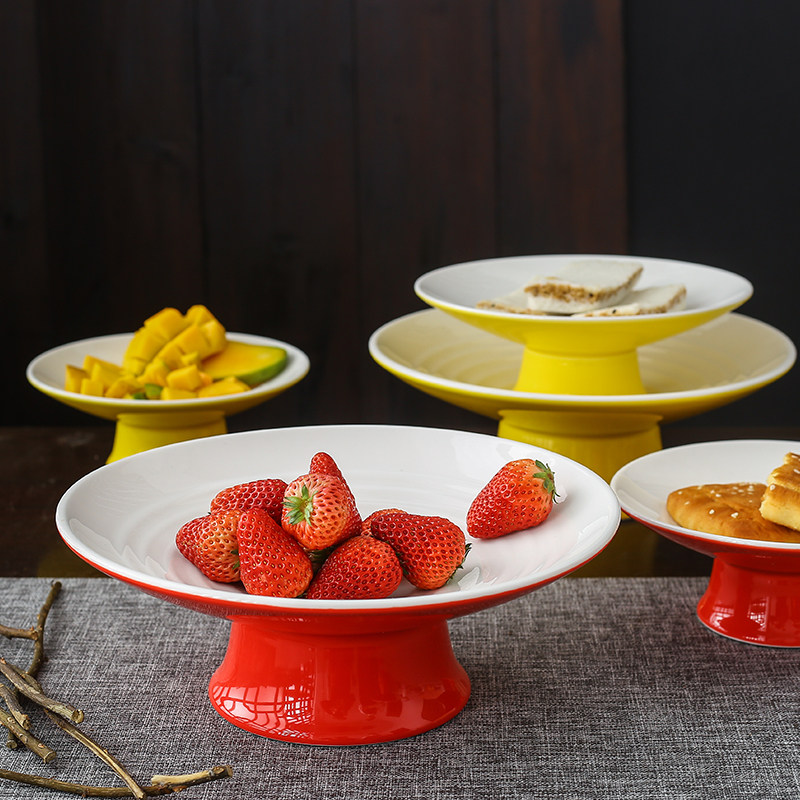 Chinese style retro ceramic high foot fruit pan wedding celebration red wedding dried fruit snack melon and saucer home tea table fruit tray