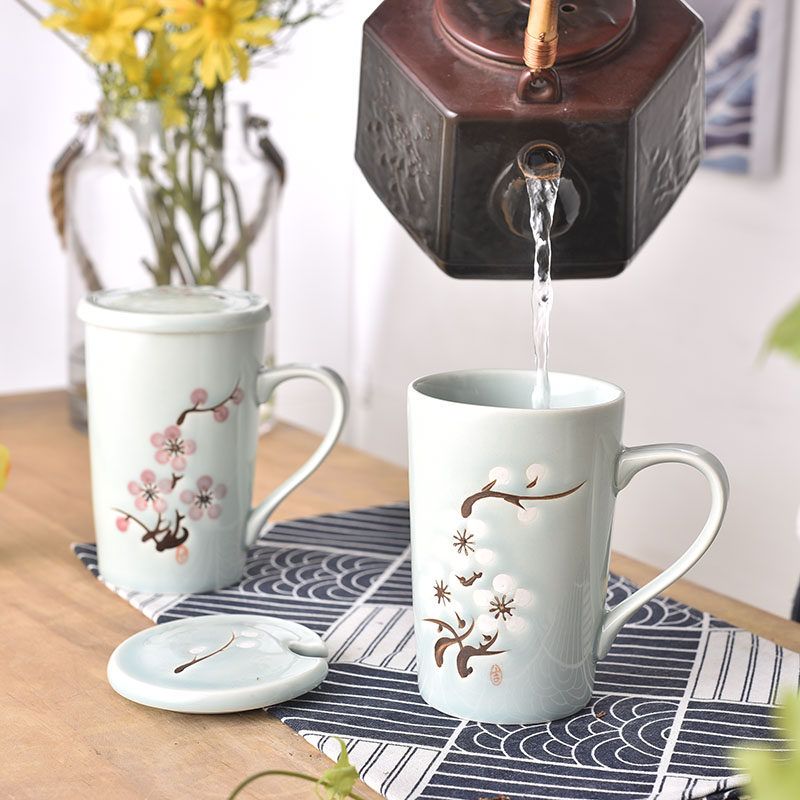 Large Capacity Mark Cups With Lid Hand-painted Plum Ceramic Minima Coffee Creative Breakfast Cup Home Water Cup Lovers