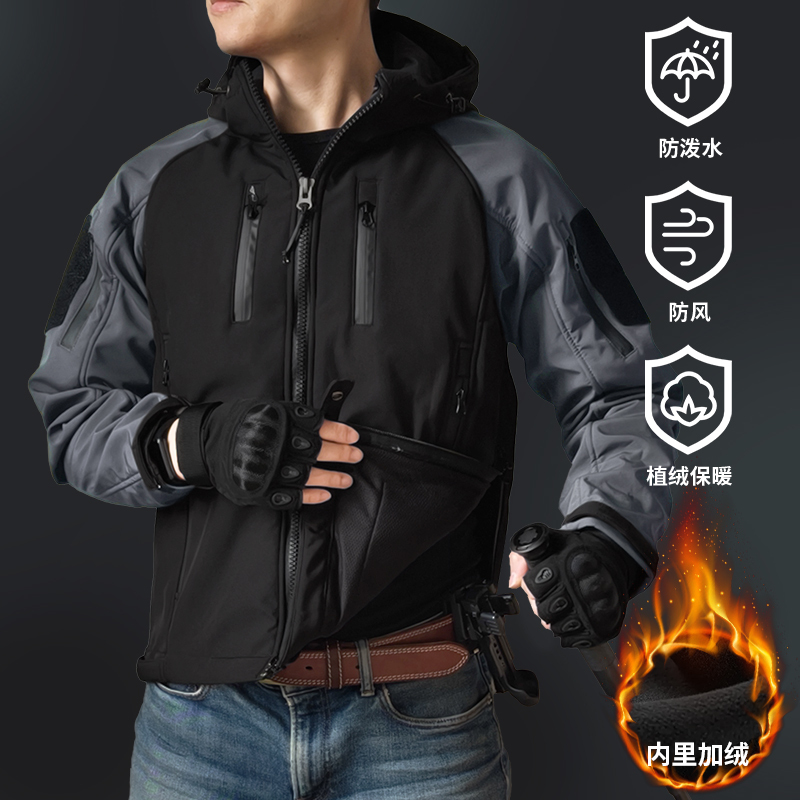 Wzjp Assault Autumn/Winter Tactical Softshell Sharkskin Jacket Outdoor Fleece Military Fan Color Block Coat Flocked