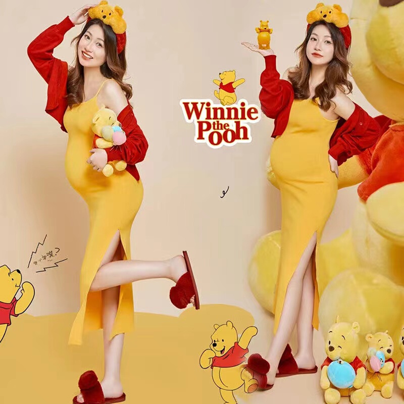 Photo Studio's New Maternity-Themed Winnie the Pooh Yellow Dress, Year of the Dragon Pregnant Mommy Pure Desire Style Photography Outfit