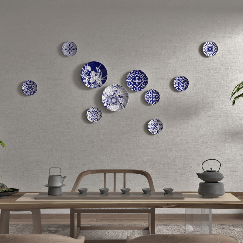 Blue and White Porcelain Decorative Hanging Plate for Living Room, Dining Room, Sofa Background Wall Decoration, Neoclassical Trendy Fashion Display Plate
