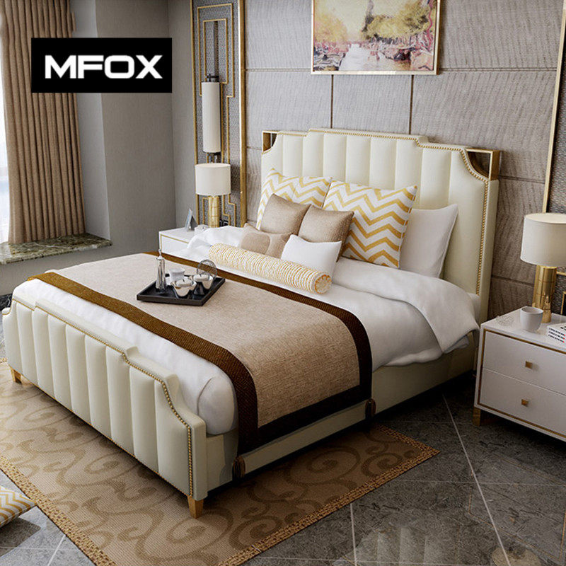 MFOX Bed Light Lavish Rear Modern Head Layer Cow Leather Bed 1 8 m Master Bedroom Stainless Steel Double Dermis Wedding Bed