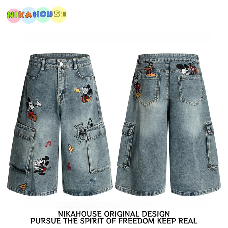 Nikahouse American Retro Mickey Embroidered Denim Capri Pants for Men and Women with Large Pockets, Loose Wide-Leg Mid-Length Pants