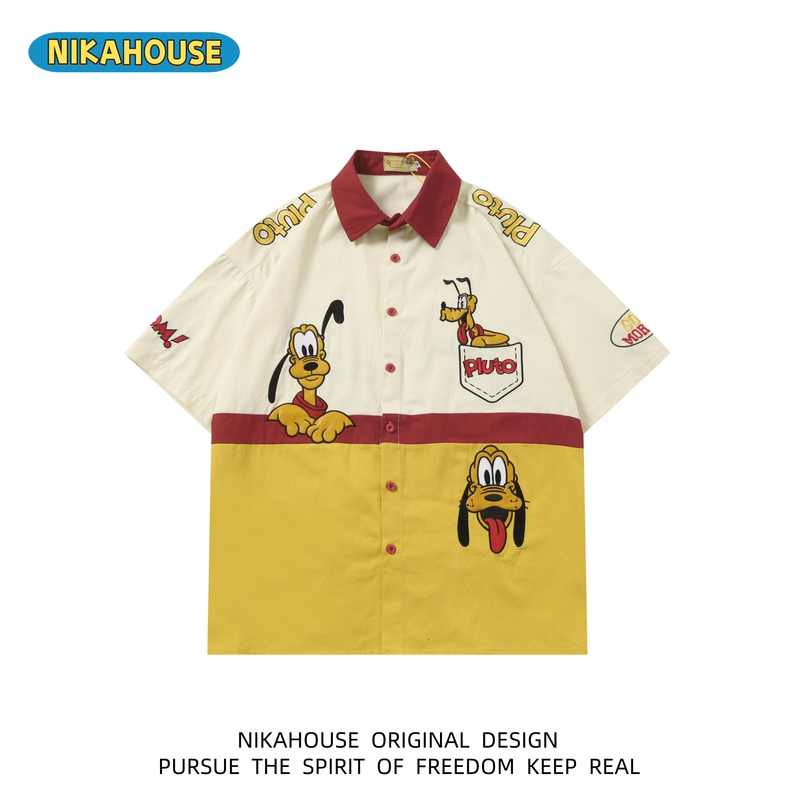 Nikahouse Cute Pluto Cartoon Embroidered Short-Sleeved Shirt for Women, Trendy Brand Loose Casual Half-Sleeved Shirt for Men
