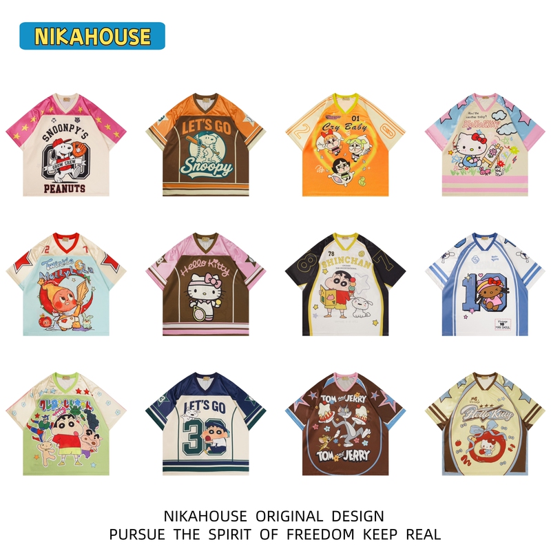 Nikahouse Original American Cartoon Jersey T-Shirt with Contrasting Color V-Neck Short-Sleeved Street Hip-Hop Loose Couple Top Nikahouse Original American Cartoon Jersey T-Shirt with Contrasting Color V-Neck Short-Sleeved Street Hip-Hop Loose Couple Top