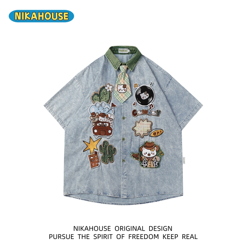Nikahouse Spring and Summer Trendy Hello Kitty Patch Embroidered Denim Short-Sleeve Shirt for Women with Tie Nikahouse Spring and Summer Trendy Hello Kitty Patch Embroidered Denim Short-Sleeve Shirt for Women with Tie