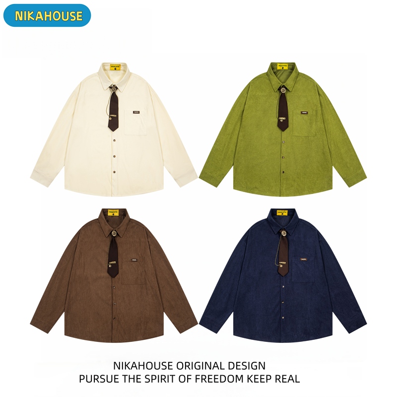 Nikahouse Retro Corduroy Tie Long-Sleeved Shirt Preppy Loose Pure Color Oversize Couple Shirt Nikahouse Retro Corduroy Tie Long-Sleeved Shirt Preppy Loose Pure Color Oversize Couple Shirt