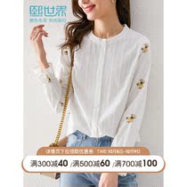 Xi World 2021 autumn new three-dimensional flower embroidery flared sleeve white shirt wooden ear cotton foreign style top