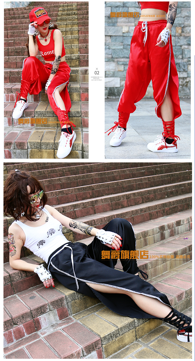 2019 thời trang mới giản dị chia đôi dây đeo màu đỏ hip hop quần thể thao phụ nữ lỏng lẻo quần harem jazz - Cộng với kích thước quần áo áo cánh dơi