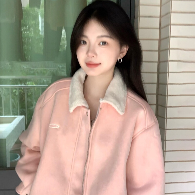 Retro Suede Pink Baseball Jacket for Women Autumn and Winter 2025 New Thickeneded Imitation Fur One-Piece Jacket Top