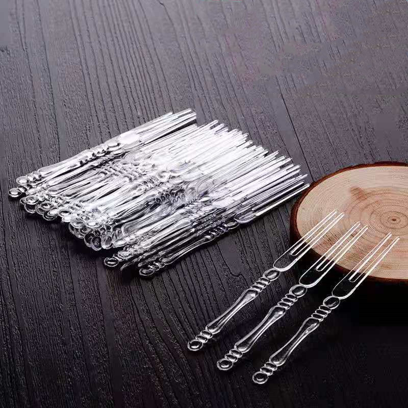 Plastic fruit fork disposable two-toothed cake fork dessert dried fruit salad sign transparent dessert insert home creative