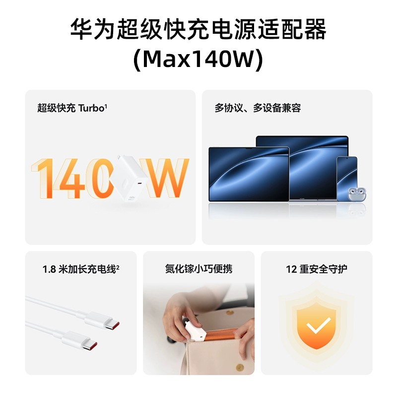 Huawei 140W Charger Original Genuine Super Fast Charging Power Adapter Gallium Nitride Gan Charging Set Data Cable Matebookgt14/60Pro Mobile Phone Laptop Tablet