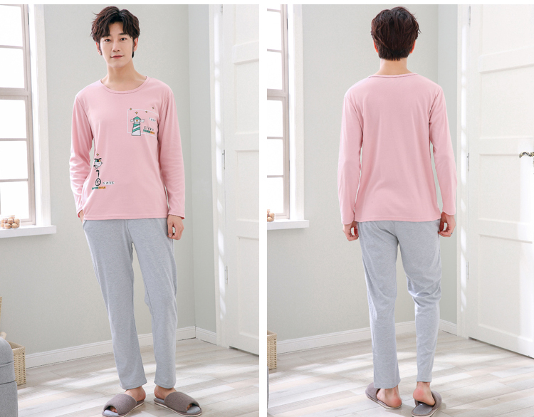 Đồ ngủ nam nam mùa đông dài tay cotton thanh niên phần mỏng nam mùa xuân và mùa thu hoạt hình giản dị dịch vụ mặc nhà bộ mặc nhà big size