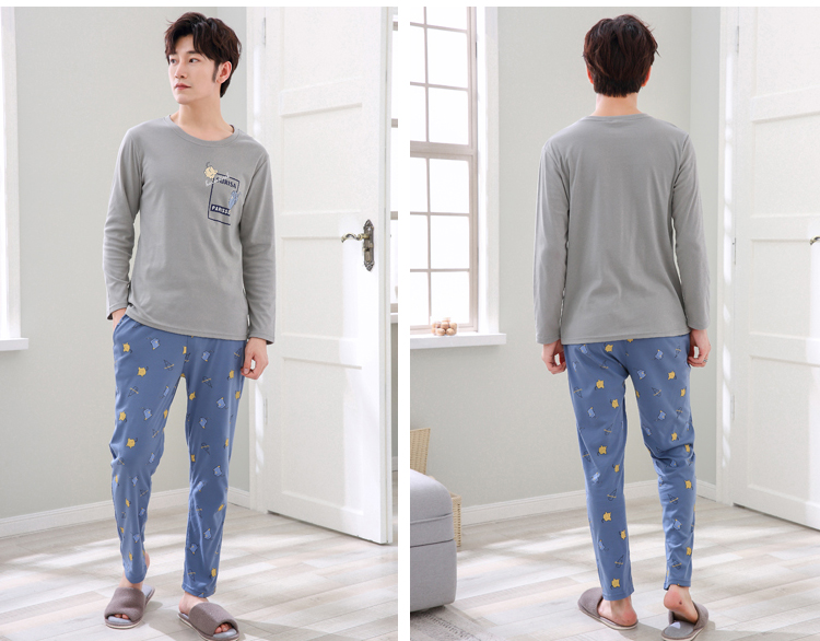 Đồ ngủ nam nam mùa đông dài tay cotton thanh niên phần mỏng nam mùa xuân và mùa thu hoạt hình giản dị dịch vụ mặc nhà bộ mặc nhà big size