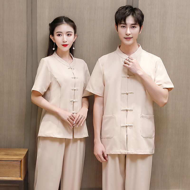 Traditional Chinese Medicine Health Club Chinese work clothes men and women retro Tang suit spring and summer short-sleeved suit custom LOGO
