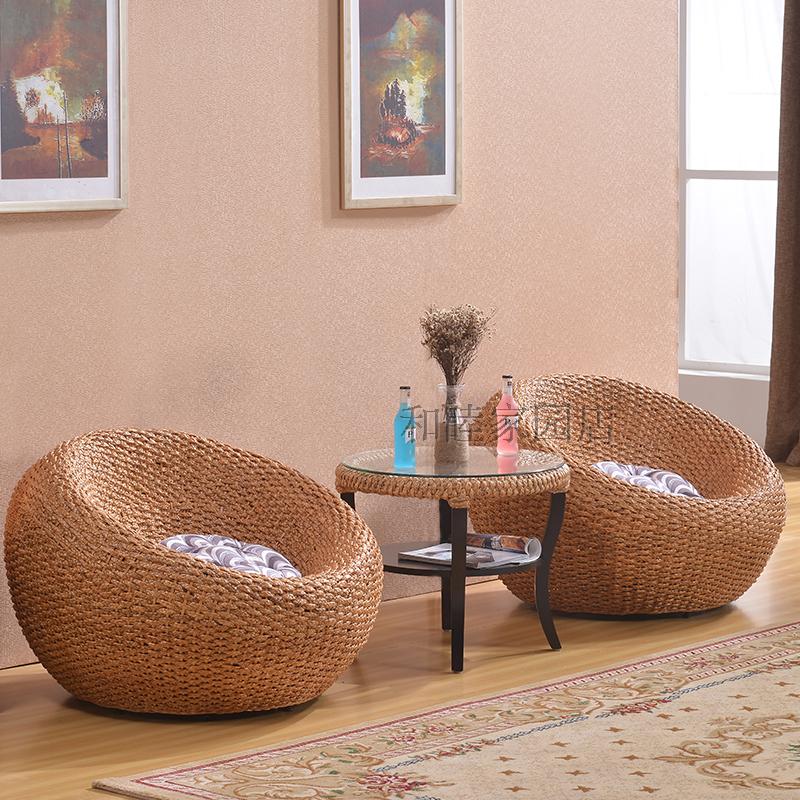 Rattan furniture rattan chair with back chair swivel chair Home tea table Three sets of round cushions Cute Couch Balcony Single