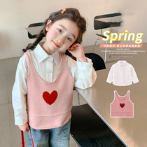 Girls white shirt 2024 new summer thin childrens baby shirt vest two-piece set spring and autumn long-sleeved shirt