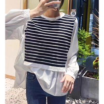 Maternity wear autumn 2024 new Korean fashion fake two-piece spliced ​​cotton striped shirt long-sleeved loose top