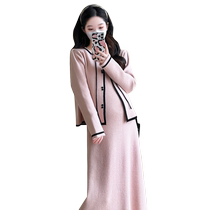 Jingqi maternity autumn dress two-piece set 2024 new temperament and high-end loose knitted cardigan suspender skirt