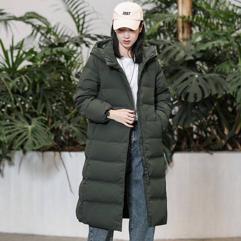 Excellent Winter Women's Seamless down Jacket, Women's Over-The-Knee Long Hooded Warm Simple Dark Green Coat 439720