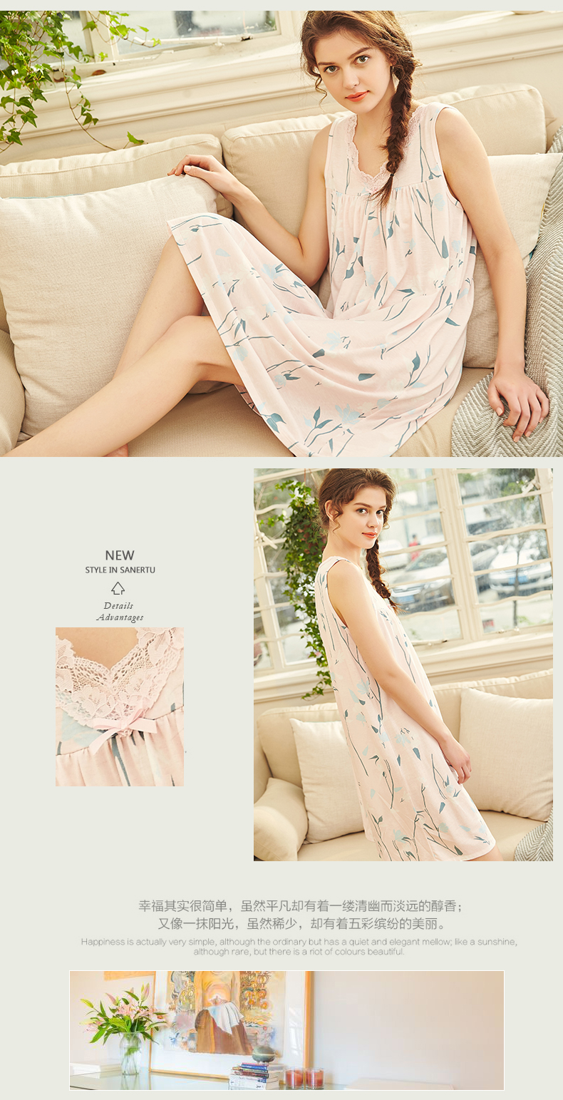 Ba tai thỏ đồ ngủ phụ nữ mùa hè váy ngủ ren v cổ modal cotton lỏng phụ nữ mang thai kích thước lớn trung niên không tay áo ngủ - Đêm đầm đầm mặc ở nhà