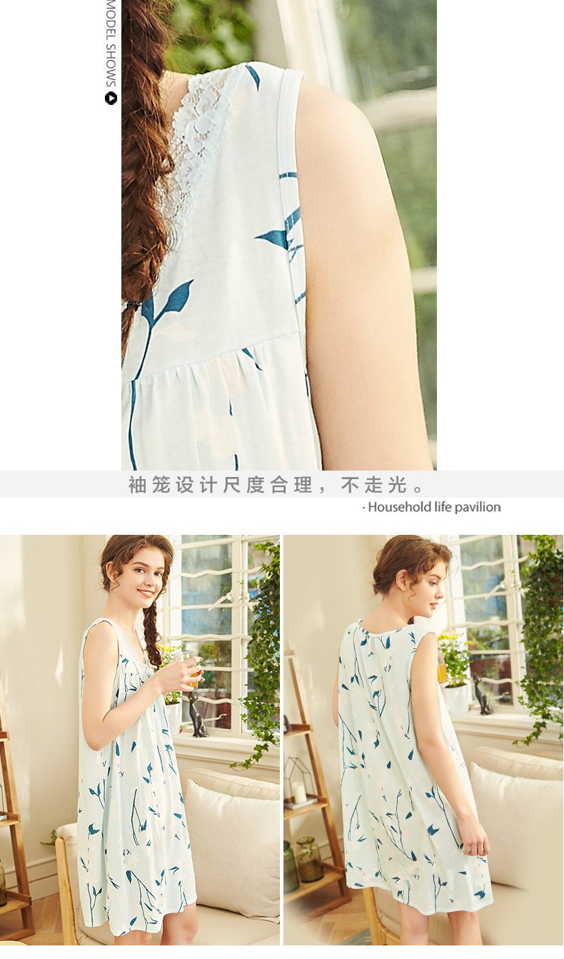 Ba tai thỏ đồ ngủ phụ nữ mùa hè váy ngủ ren v cổ modal cotton lỏng phụ nữ mang thai kích thước lớn trung niên không tay áo ngủ - Đêm đầm đầm mặc ở nhà