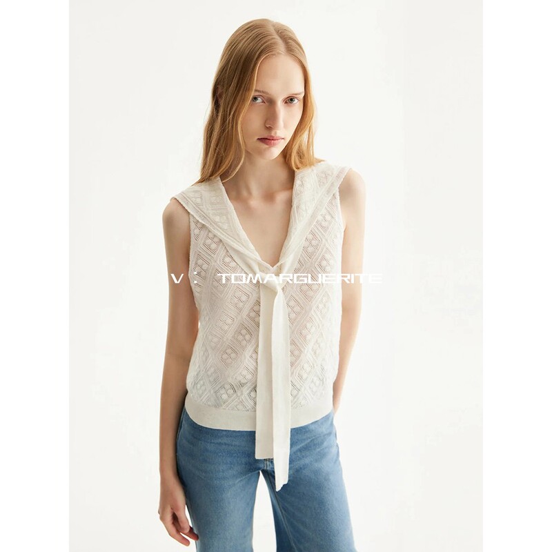 Marguerite Two-Tone Navy Style Lace-Up Lapel Retro French Style Knitted Sleeveless Vest Top