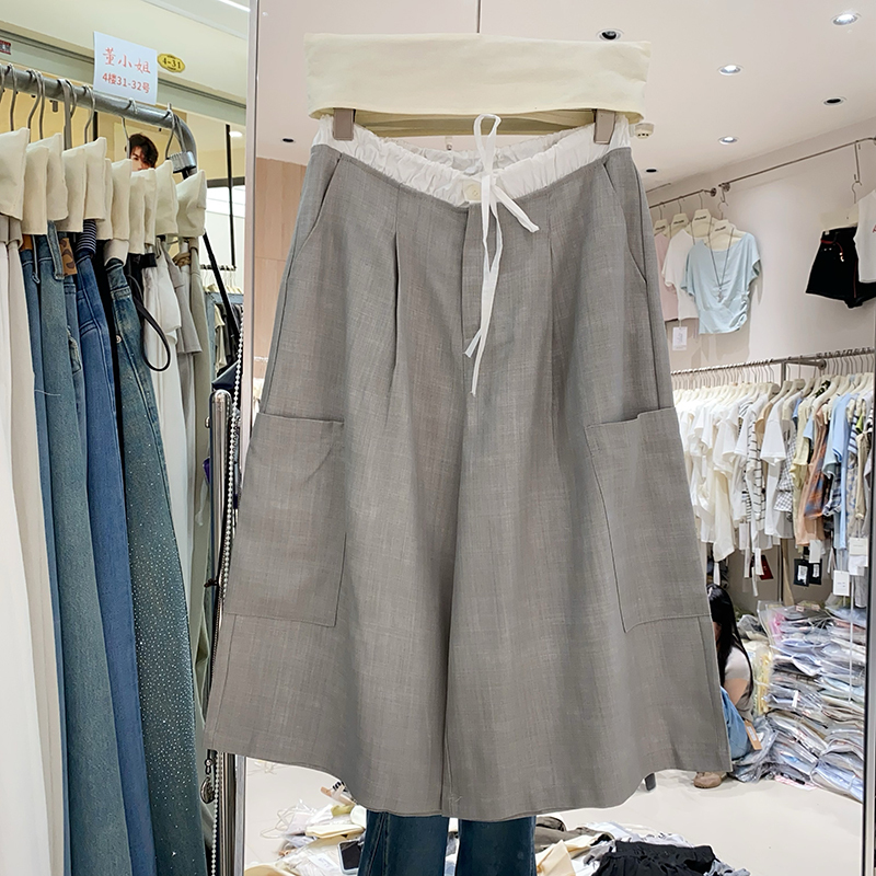 Elastic Waist Drawstring Multi-Pocket Color-Block Casual Wide-Leg Pants for Women 26 Summer Loose Slimming Versatile Cropped Pants 5723