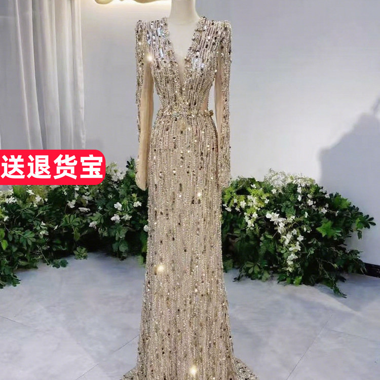 Heavy-Duty Shiny Evening Dress for Women 2026 New Style Banquet Elegant Socialite Host Solo Performance Dress Long Sleeves