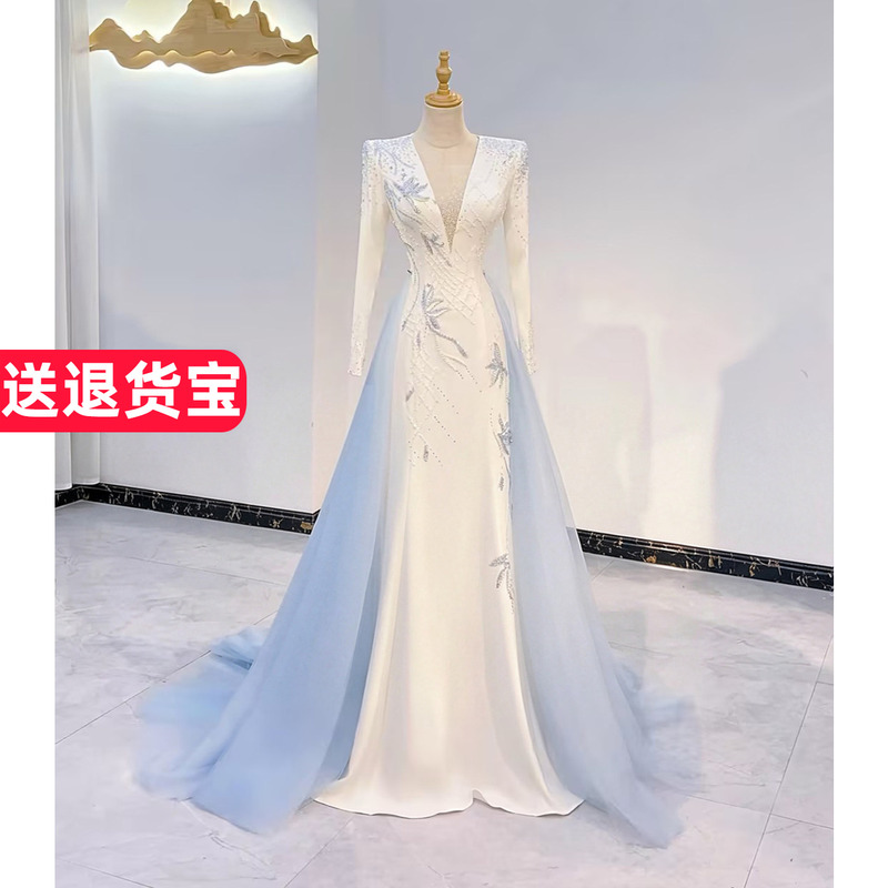 White Hostess Dress 2026 New High-End Elegant Long-Sleeved Vocal Performance Exam Heavy-Duty Solo Stage Performance Costume