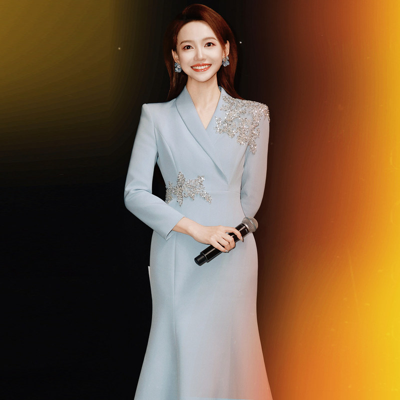 Blue Host Dress, Dignified and Elegant, Fishtail Suit Dress for Female Speakers, Speech Competition, Chorus Conductor Performance Outfit
