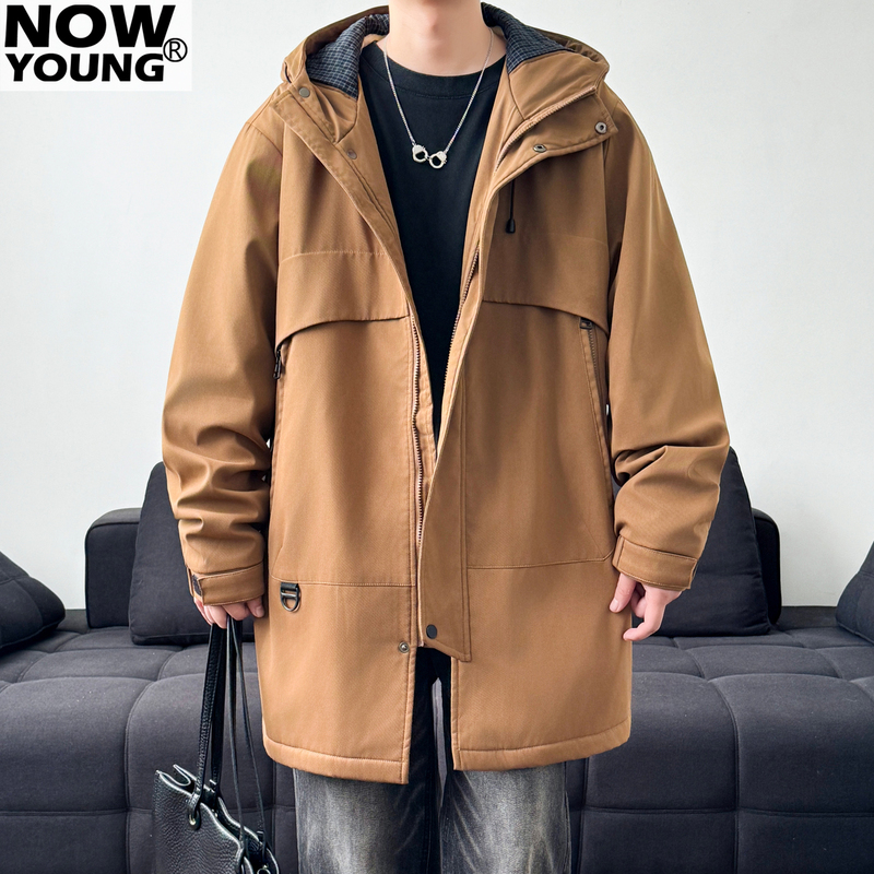 Nowyoung Men's Outwear Autumn and Winter Windbreaker Mid-Length Korean Style Casual Jacket Fleece-Lined Cotton Jacket Trendy Brand