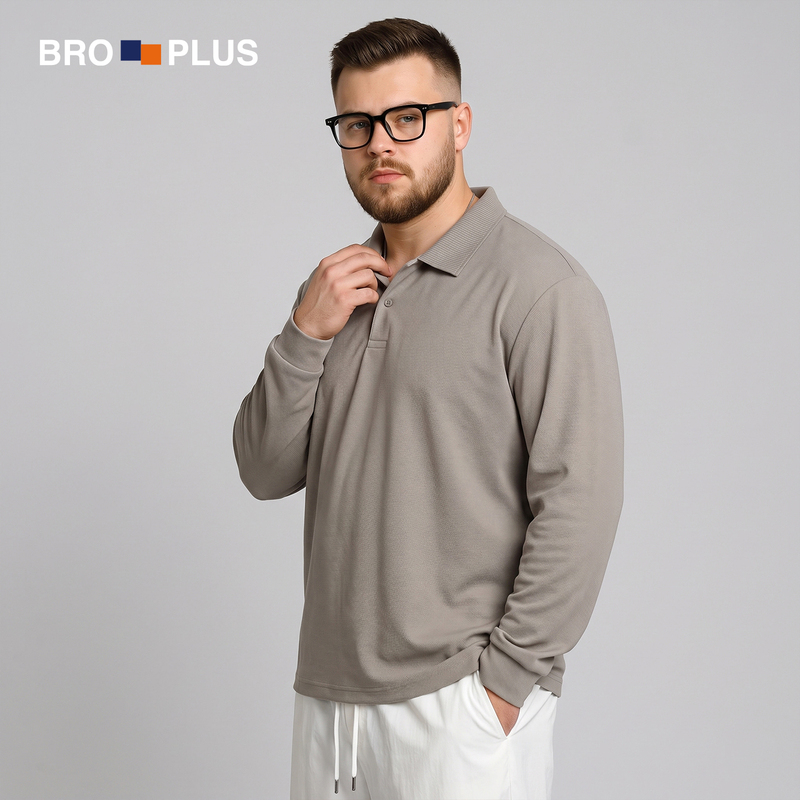 Plus-Size Men's Clothing for Big Guys, Extra Large, 26-Year-Old Model, New Spring and Autumn Style, Loose Casual Slimming Look, Turn-Down Collar, Long-Sleeve Polo Shirt