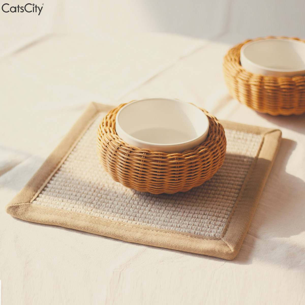 CatsCity pet kitty dog dining cushion non-slip wool sisal square tea cushion bowl mat human cat sharing easy to clean